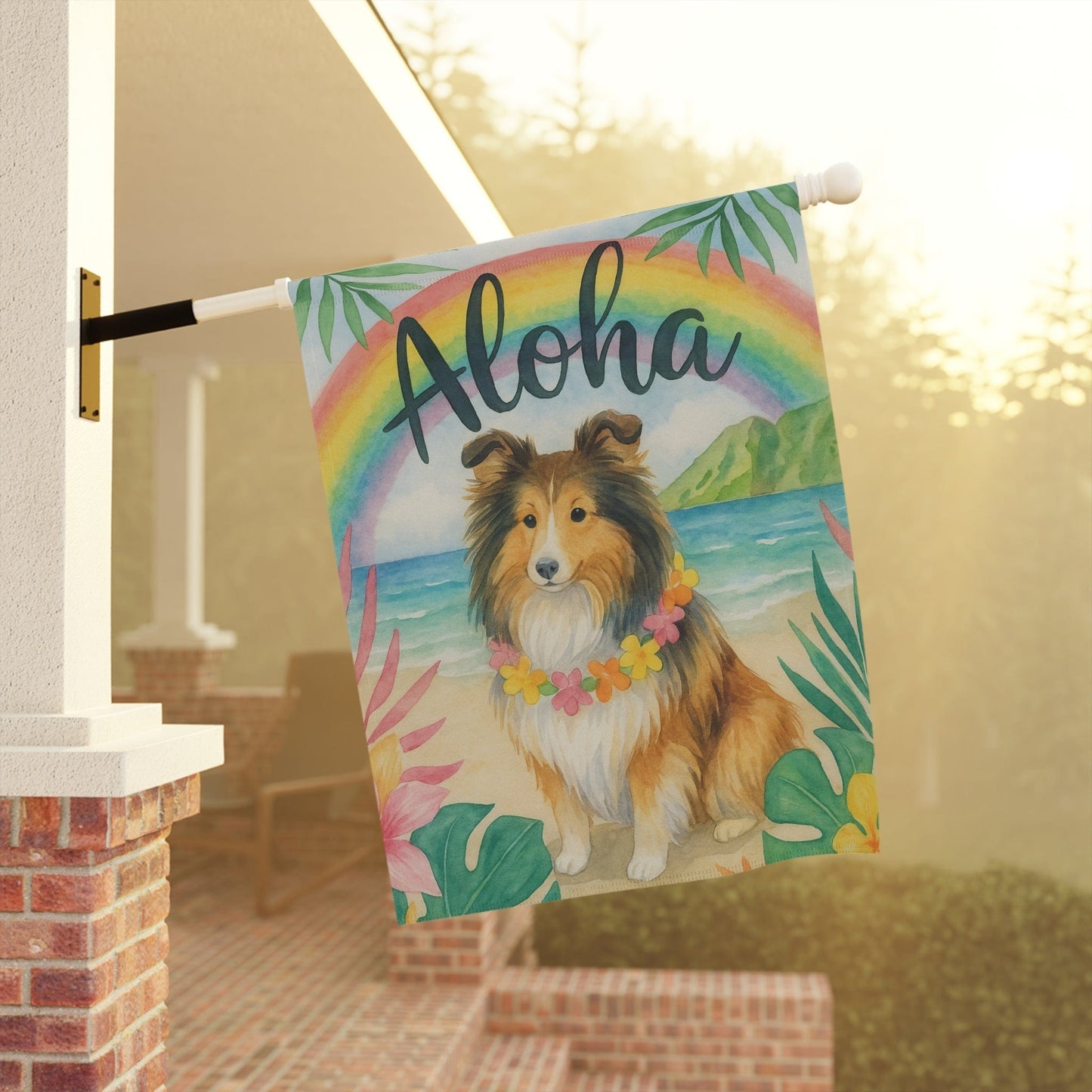 Printify Garden Flag Shetland Sheepdog Dog Aloha Luau Garden Flag