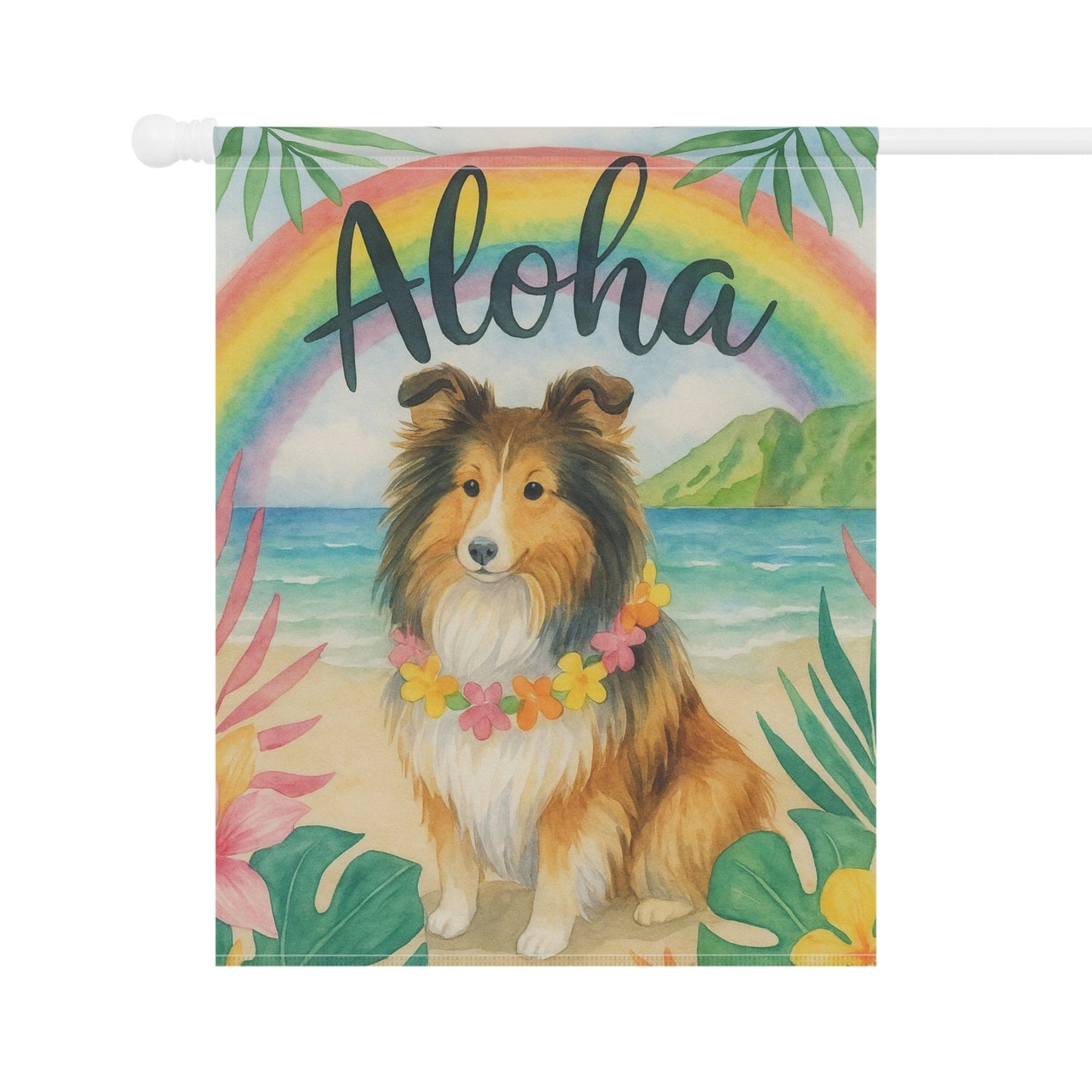 Printify Garden Flag Shetland Sheepdog Dog Aloha Luau Garden Flag