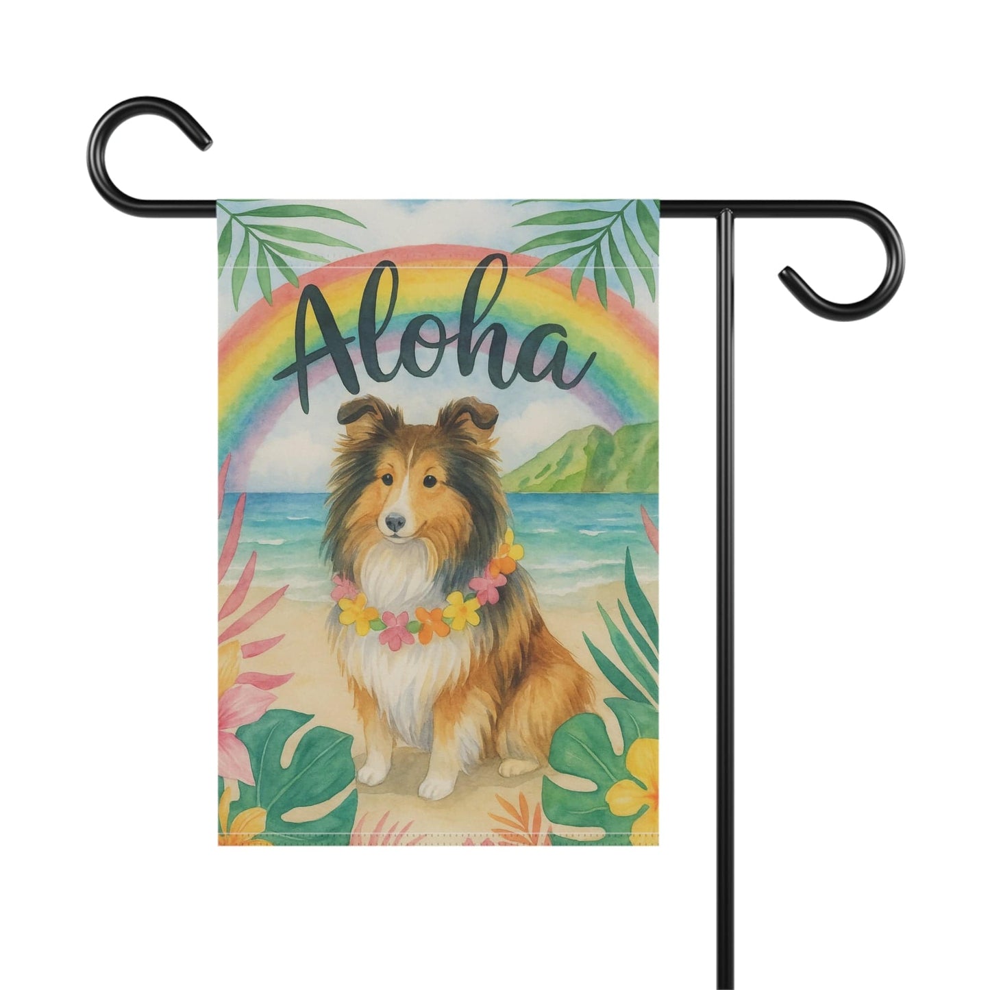 Printify Garden Flag Shetland Sheepdog Dog Aloha Luau Garden Flag