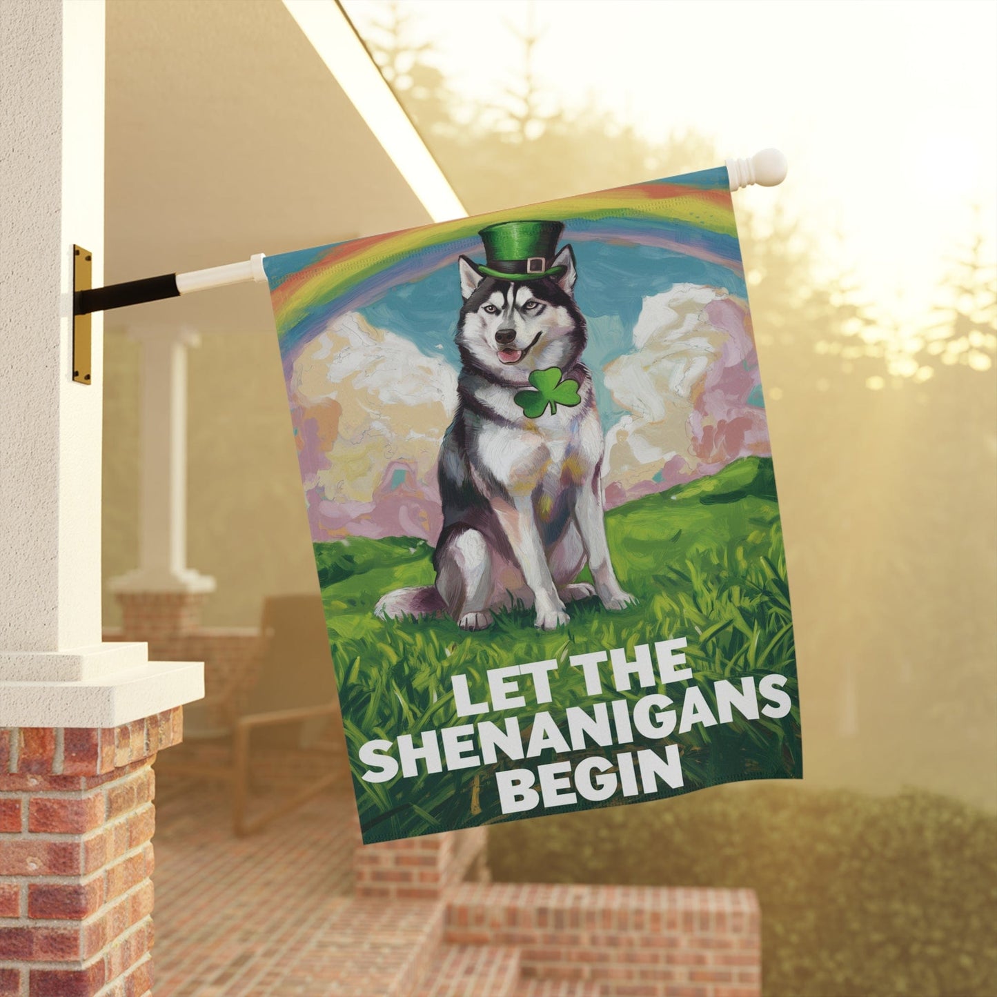 Printify Home Decor Siberian Husky ISt. Patrick's Day Lawn Flag, Rainbow Festive Dog Siberian Garden Flag