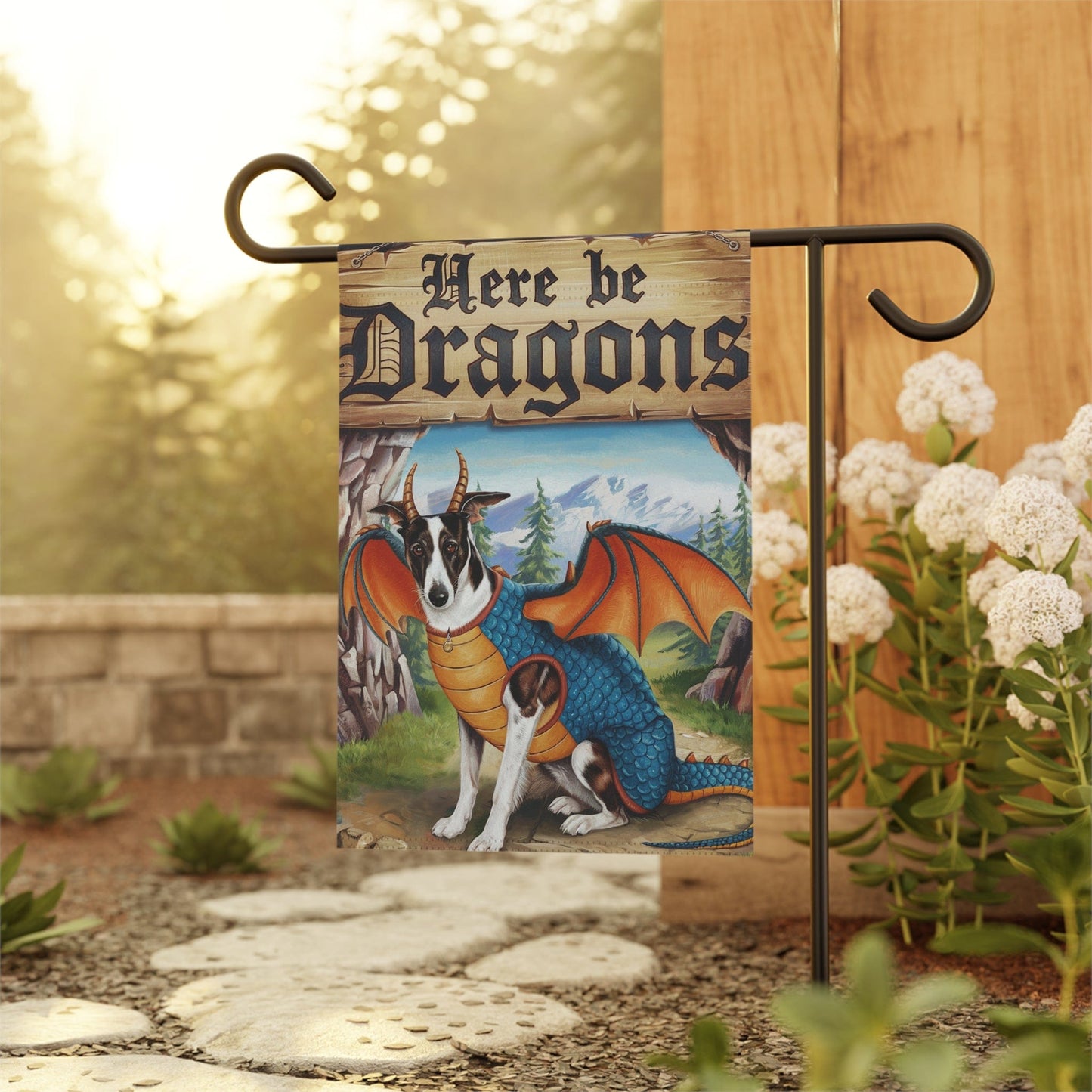 Printify Home Decor Spotted Greyhound Dog Dragon Garden Flag, Fantasy Pet Yard Spring Decor, Housewarming Gardener Gift, Halloween