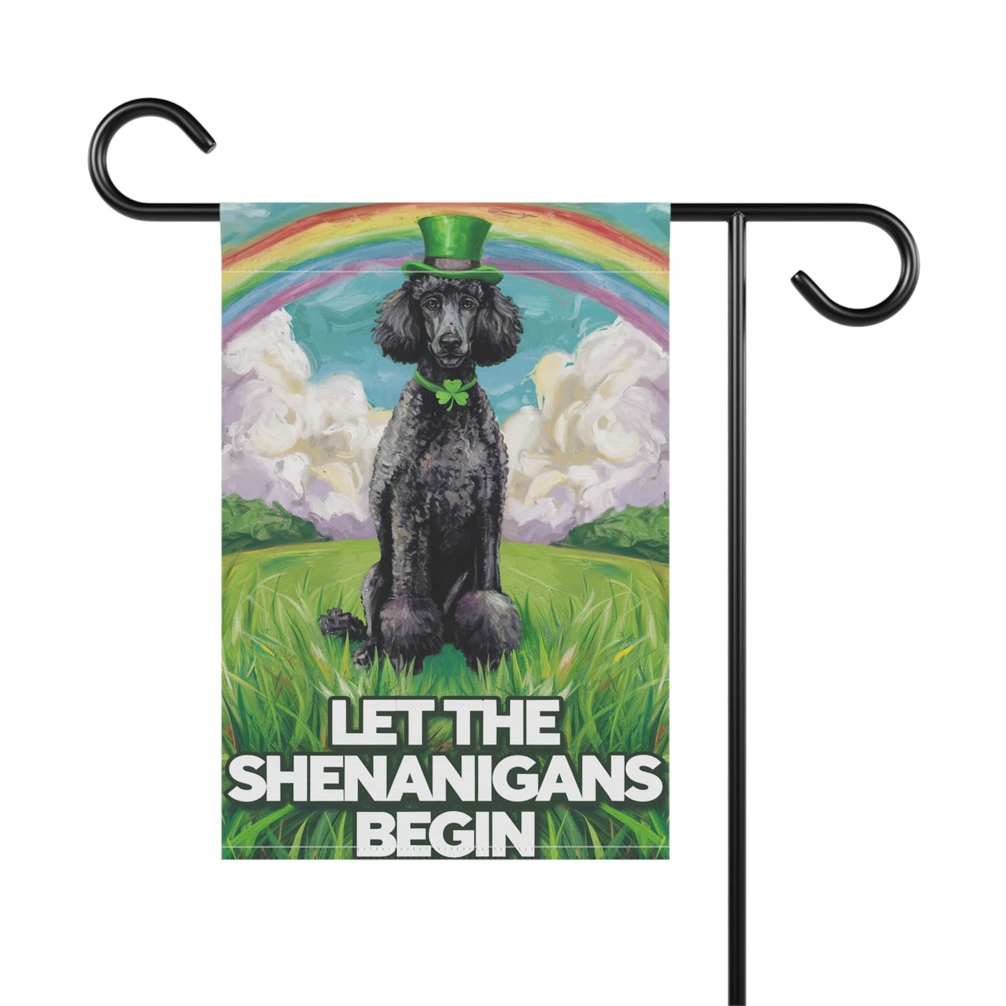 Printify Home Decor St. Patrick's Day Black Poodle, Lucky Pot of Gold, Rainbow Leprechaun Dog, Pet Garden Flag