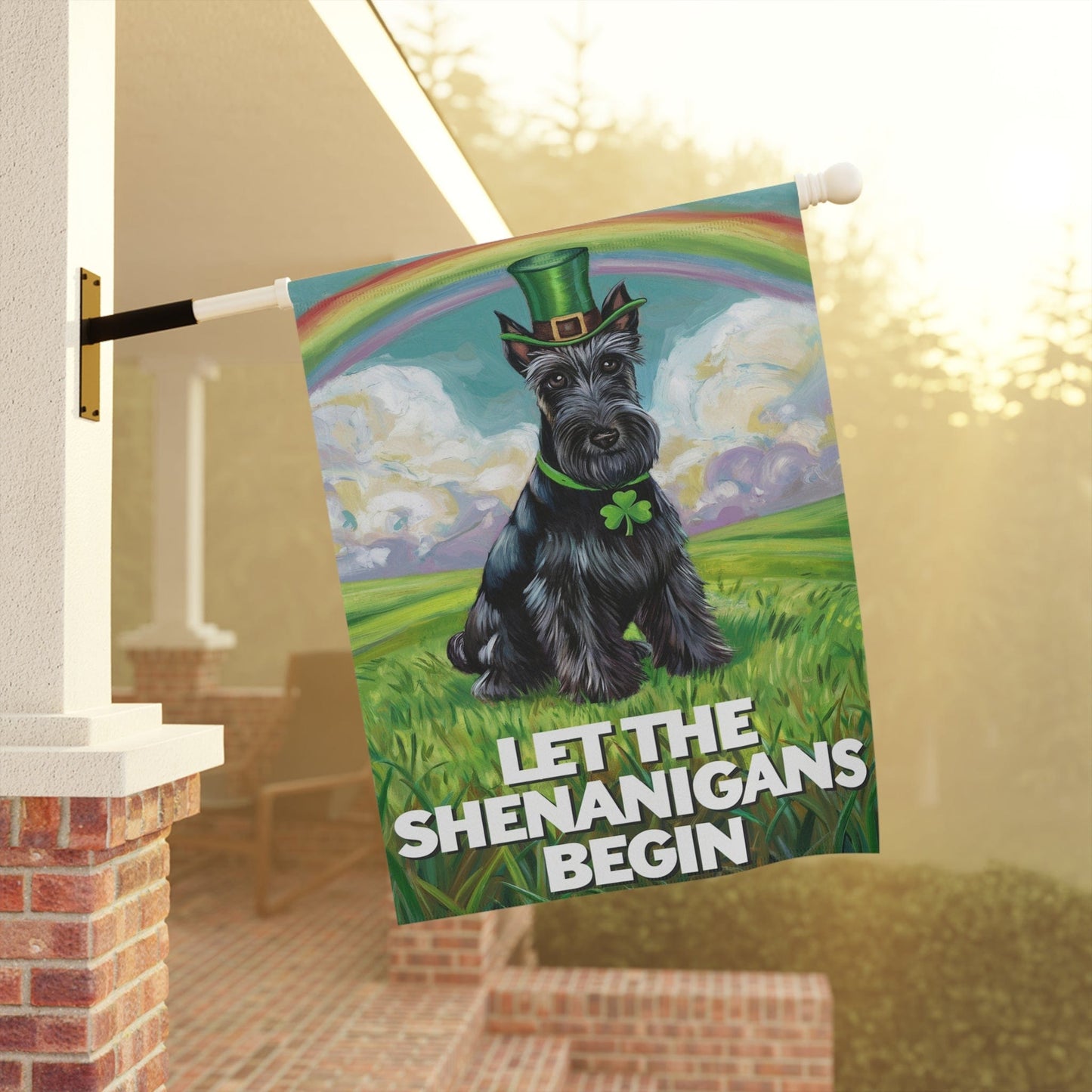 St. Patrick's Day Black Scottish Terrier Yard Flag, Rainbow Dog, Pet Garden Flag, Front Lawn Decor