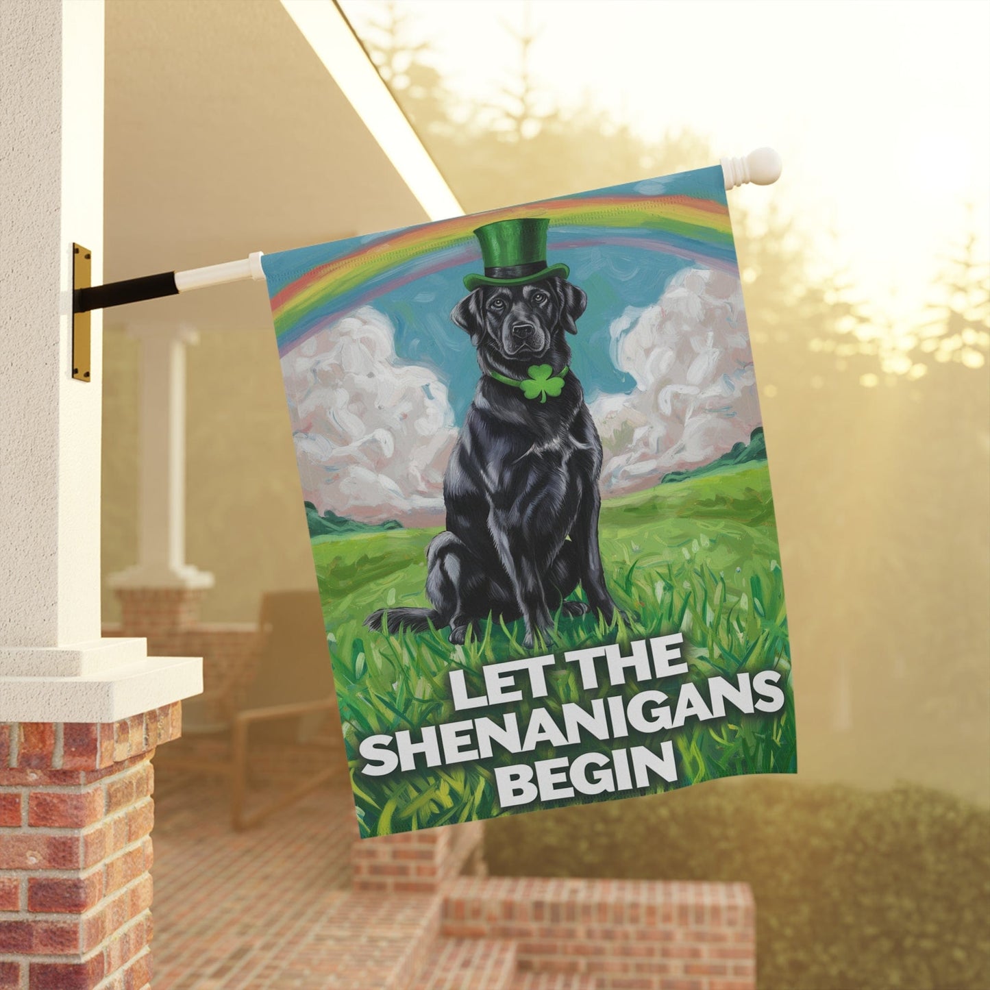 St. Patrick's Day Celebration, Black Labrador Retriever Whimsical Dog Illustration Garden Flag