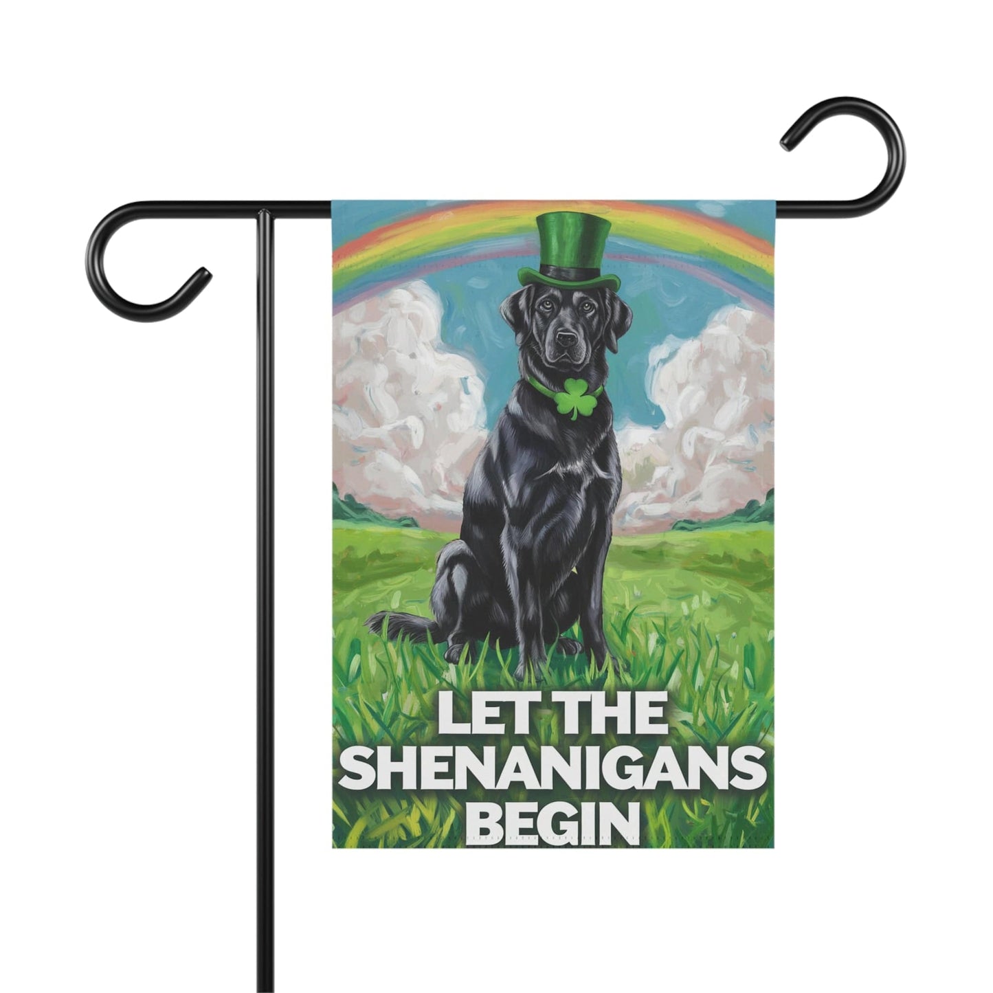 Printify Home Decor 12'' × 18'' St. Patrick's Day Celebration, Black Labrador Retriever Whimsical Dog Illustration Garden Flag