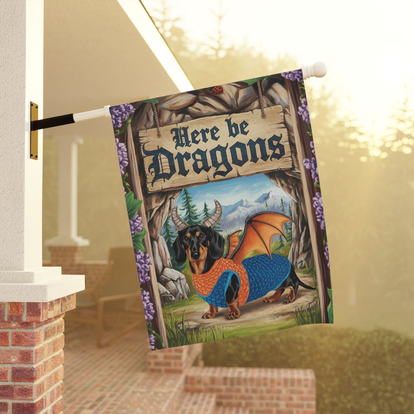 Printify Garden Flag Tan and Black Dachshund Dog Dragon, Garden Flag, Fantasy Pet, Yard Spring Decor