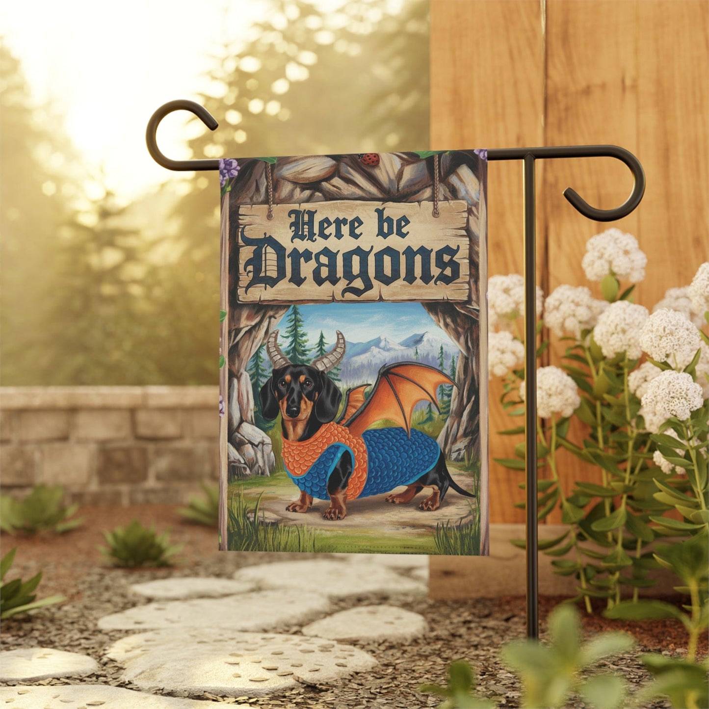 Printify Garden Flag Tan and Black Dachshund Dog Dragon, Garden Flag, Fantasy Pet, Yard Spring Decor