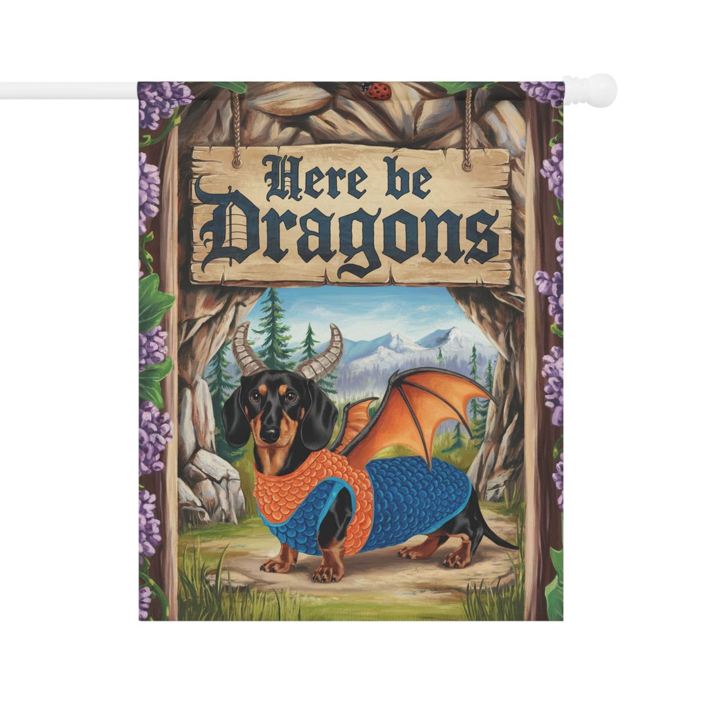 Printify Garden Flag 24.5'' × 32'' Tan and Black Dachshund Dog Dragon, Garden Flag, Fantasy Pet, Yard Spring Decor