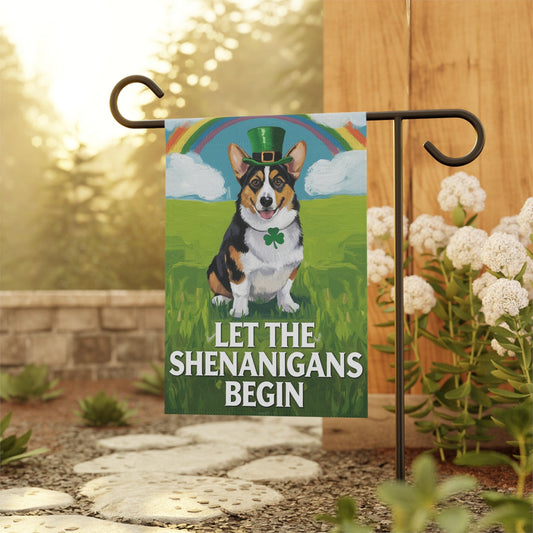 Tri Color Pembroke Corgi Garden Flag, Saint Patricks Funny Dog Yard Outside Decor