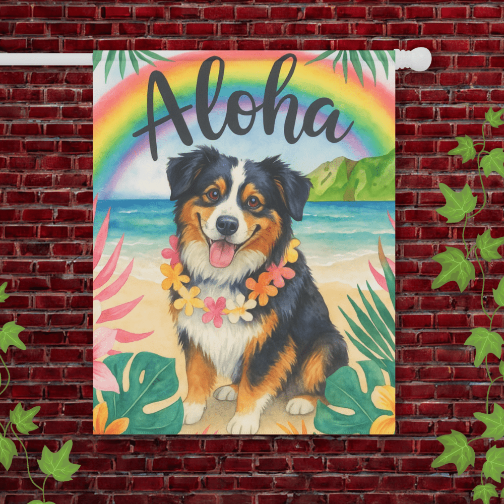 Printify Garden Flag 24.5'' × 32'' Tricolor Australian Shepherd Aloha Garden Flag