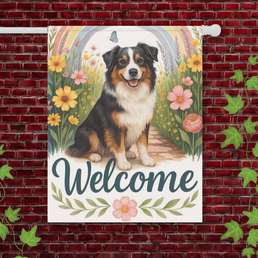 Tricolor Australian Shepherd Welcome Garden Flag 24.5'' × 32''