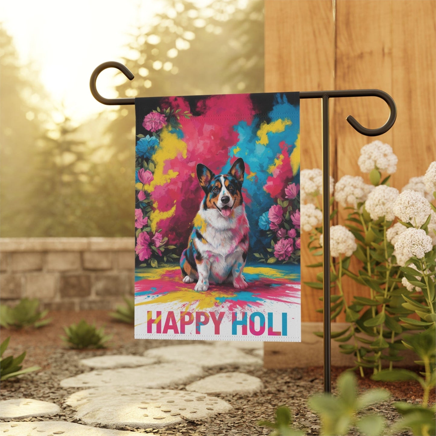 Printify Home Decor Tricolor Cardigan Corgi, Pembroke Holi Festival Garden Flag, Indian Celebrations Funny