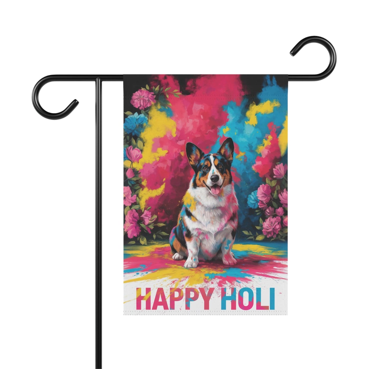 Printify Home Decor 12'' × 18'' Tricolor Cardigan Corgi, Pembroke Holi Festival Garden Flag, Indian Celebrations Funny