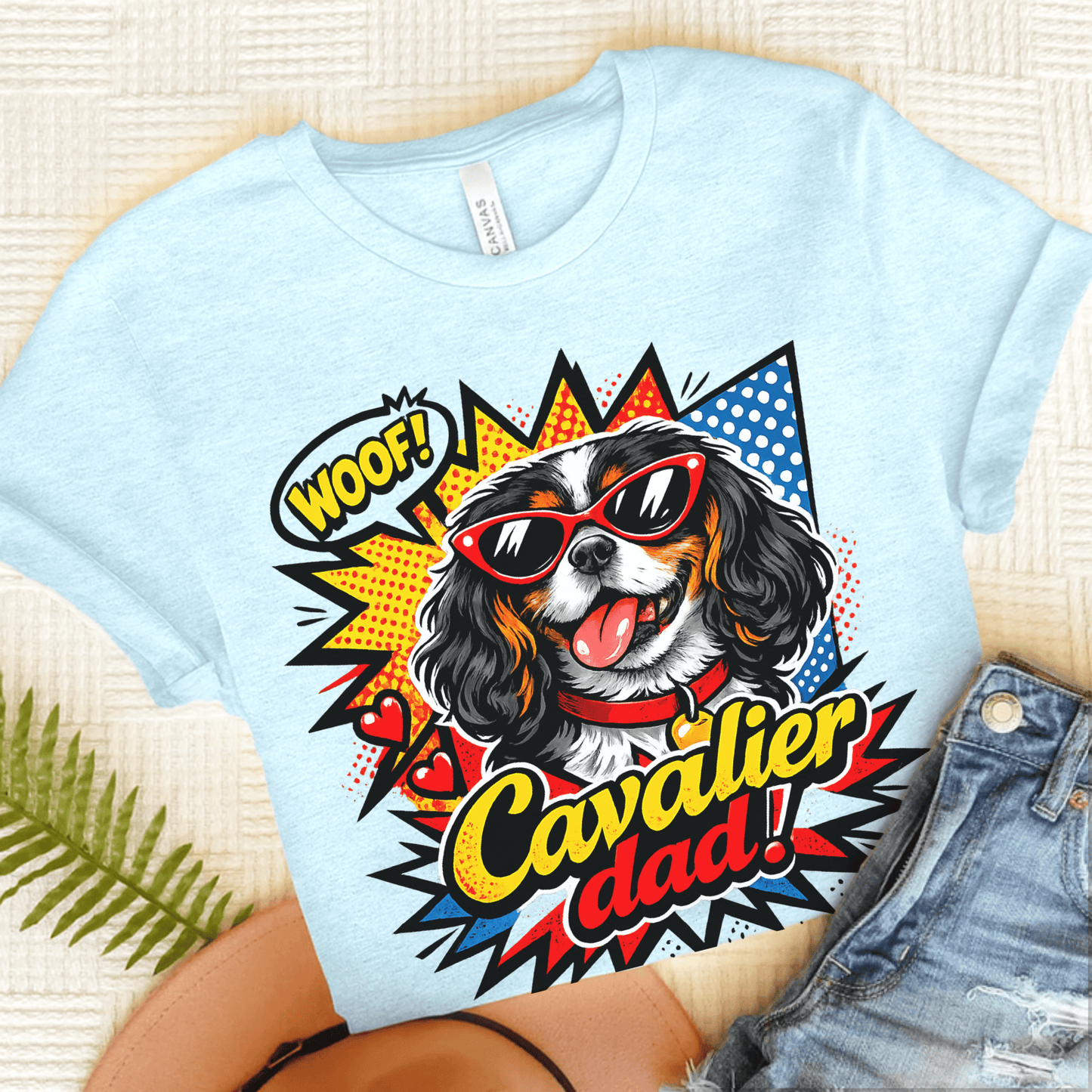Personalized Cavalier Dad Comic Unisex TShirt Heather Ice Blue