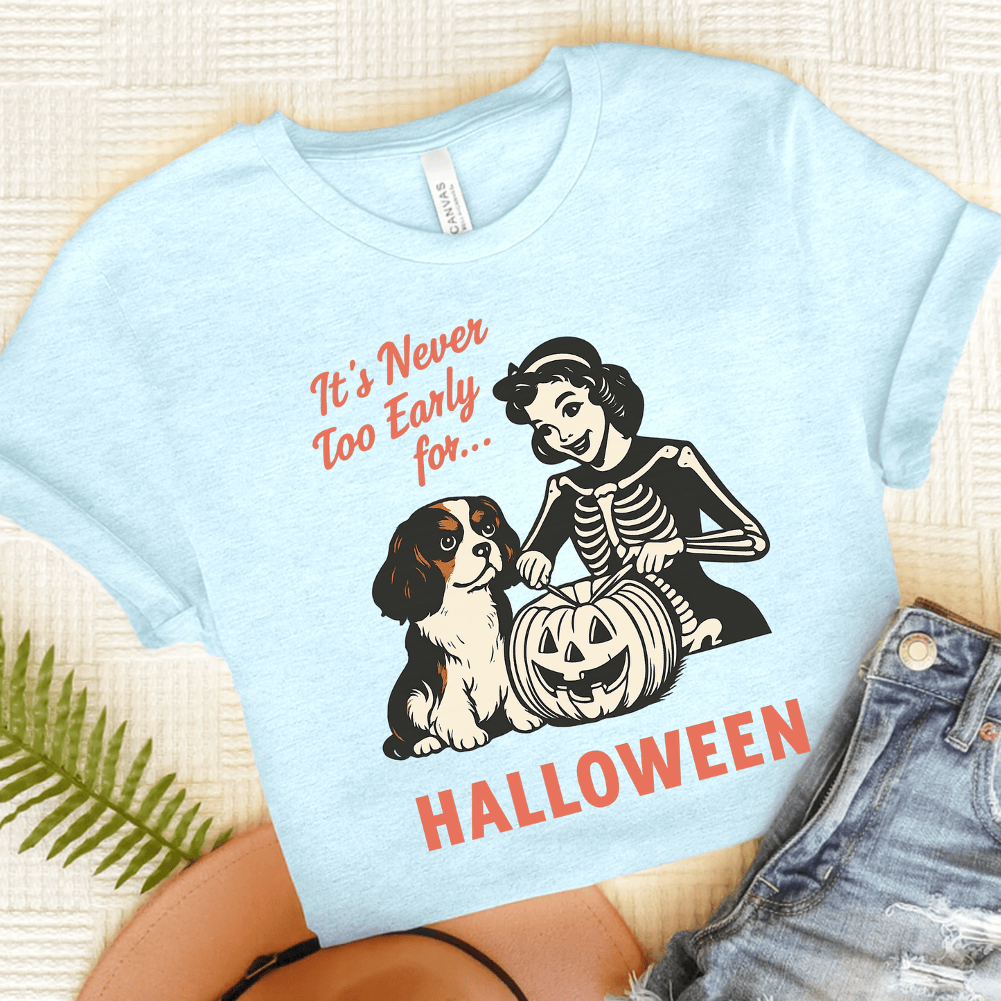 Printify T-Shirt Heather Ice Blue / S Tricolor Cavalier King Charles Early Halloween TShirt