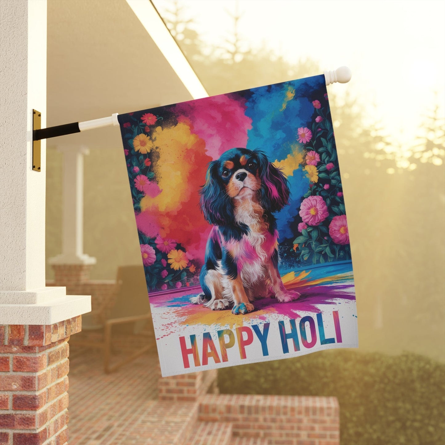 Tricolor Cavalier King Charles Holi Festival Garden Flag