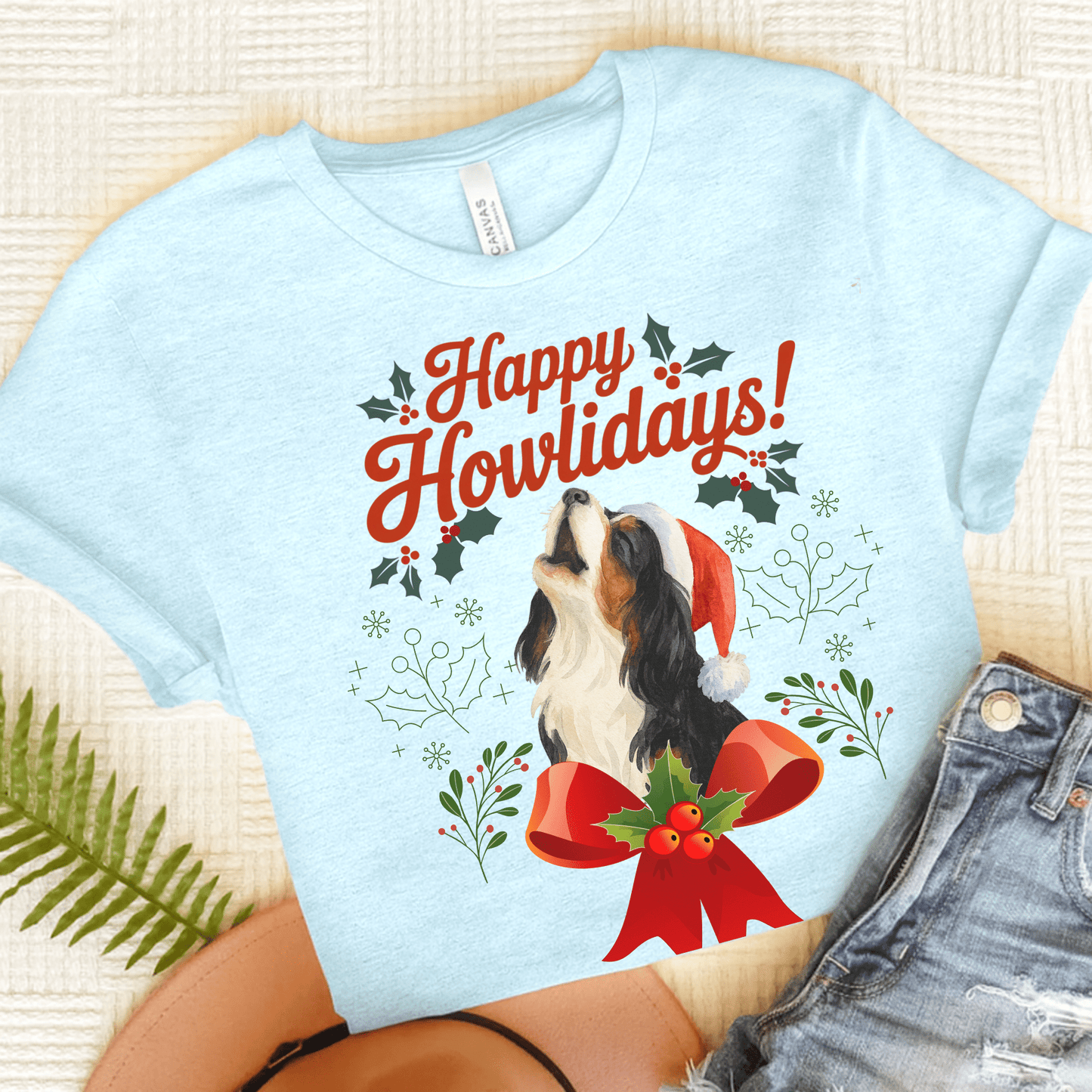 Printify T-Shirt Heather Ice Blue / S Tricolor Cavalier King Charles Howlidays TShirt