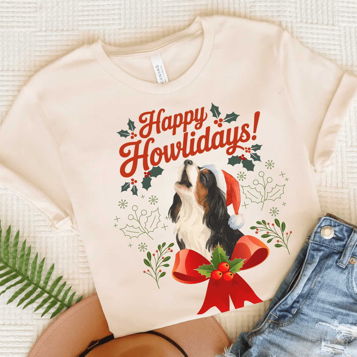 Printify T-Shirt Natural / S Tricolor Cavalier King Charles Howlidays TShirt