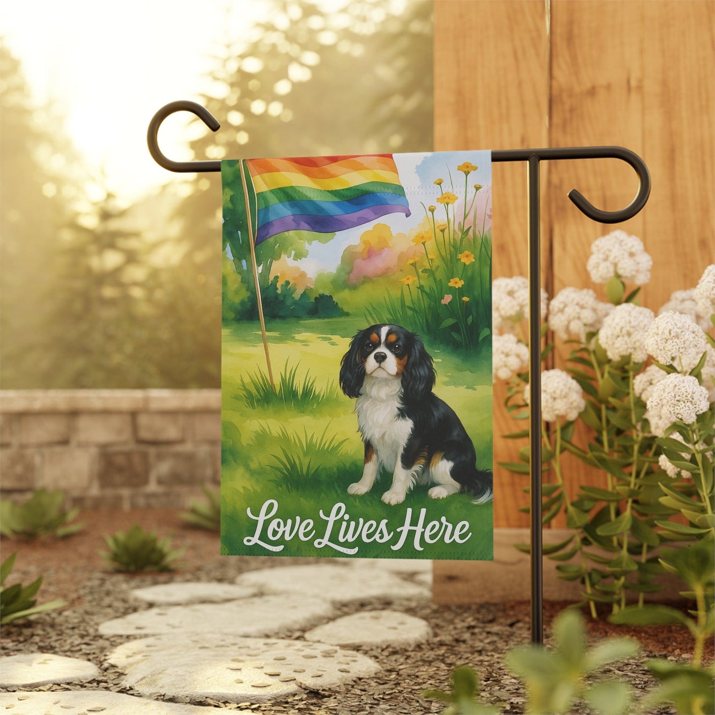 Printify Garden Flag Tricolor Cavalier King Charles LGBTQ+ Pride Garden Flag