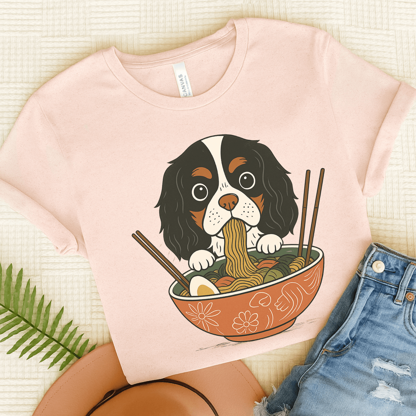 Printify T-Shirt Soft Pink / S Tricolor Cavalier King Charles Ramen TShirt