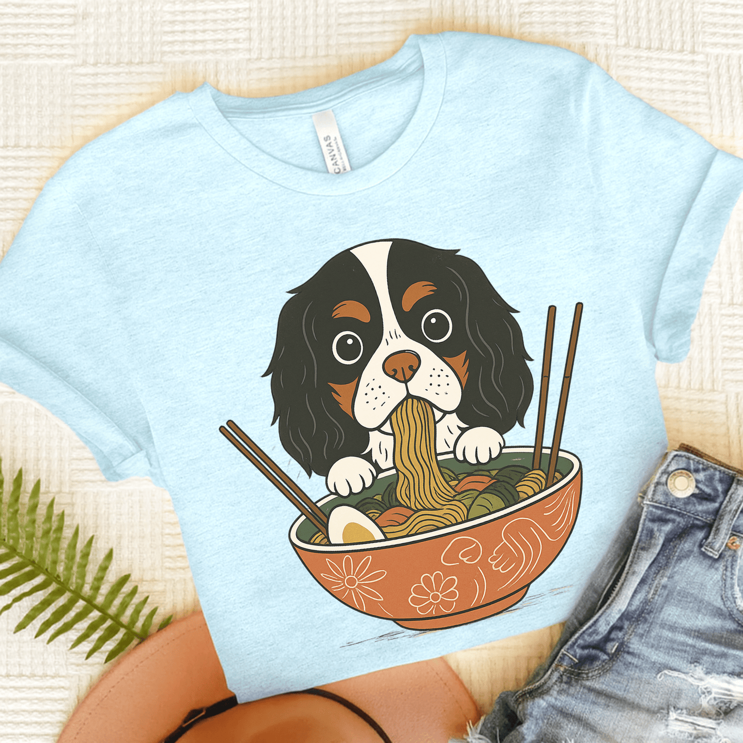 Printify T-Shirt Heather Ice Blue / S Tricolor Cavalier King Charles Ramen TShirt