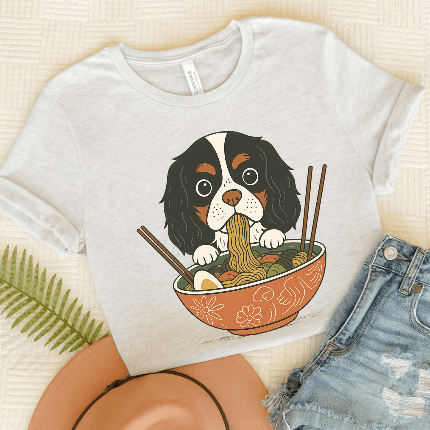 Printify T-Shirt Ash / S Tricolor Cavalier King Charles Ramen TShirt