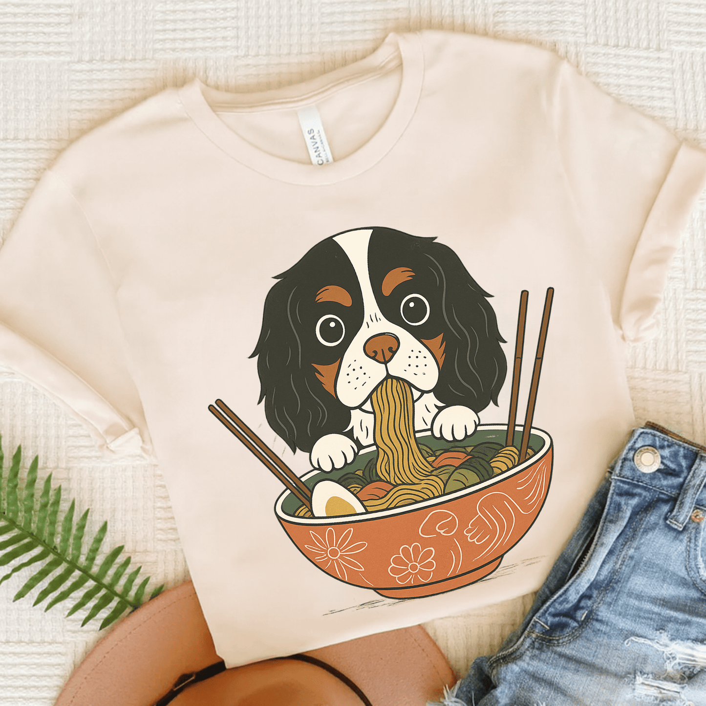 Printify T-Shirt Natural / S Tricolor Cavalier King Charles Ramen TShirt