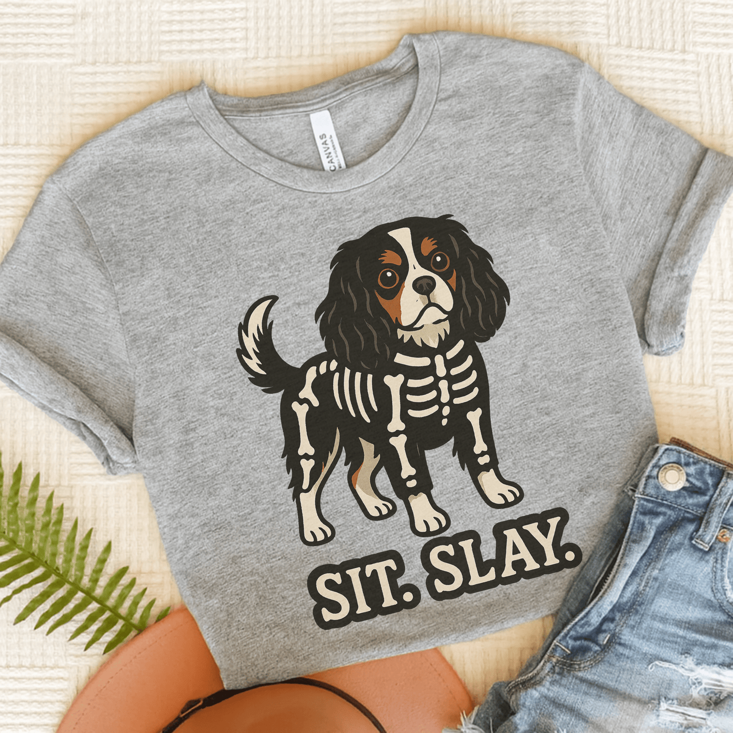 Printify T-Shirt Athletic Heather / S Tricolor Cavalier King Charles Stay. Slay. Halloween TShirt