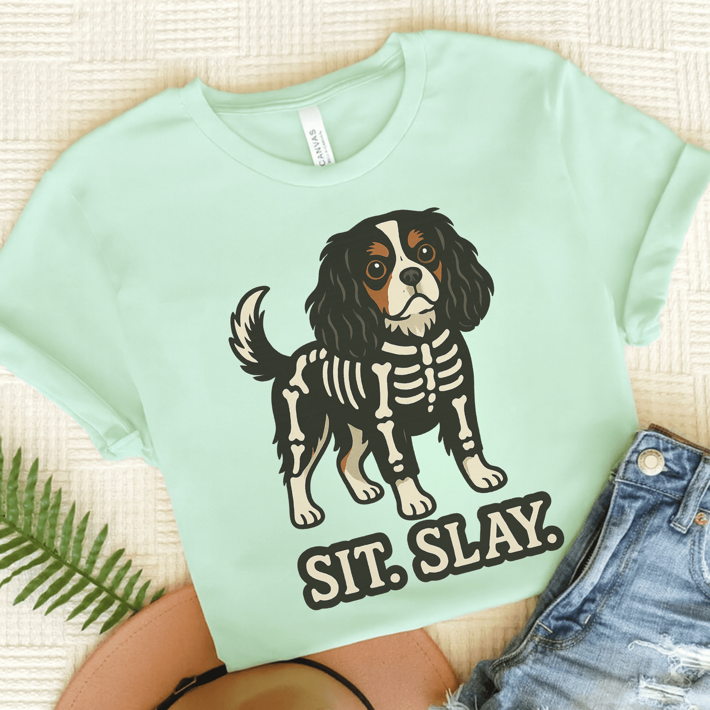 Printify T-Shirt Heather Mint / S Tricolor Cavalier King Charles Stay. Slay. Halloween TShirt