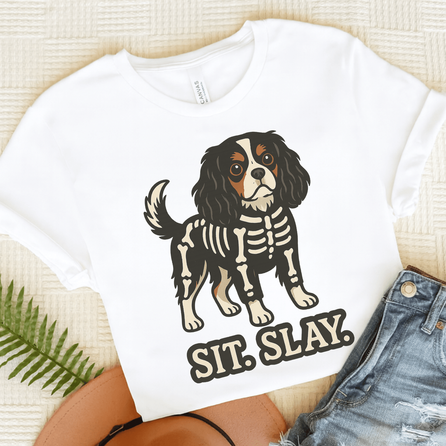 Printify T-Shirt White / S Tricolor Cavalier King Charles Stay. Slay. Halloween TShirt