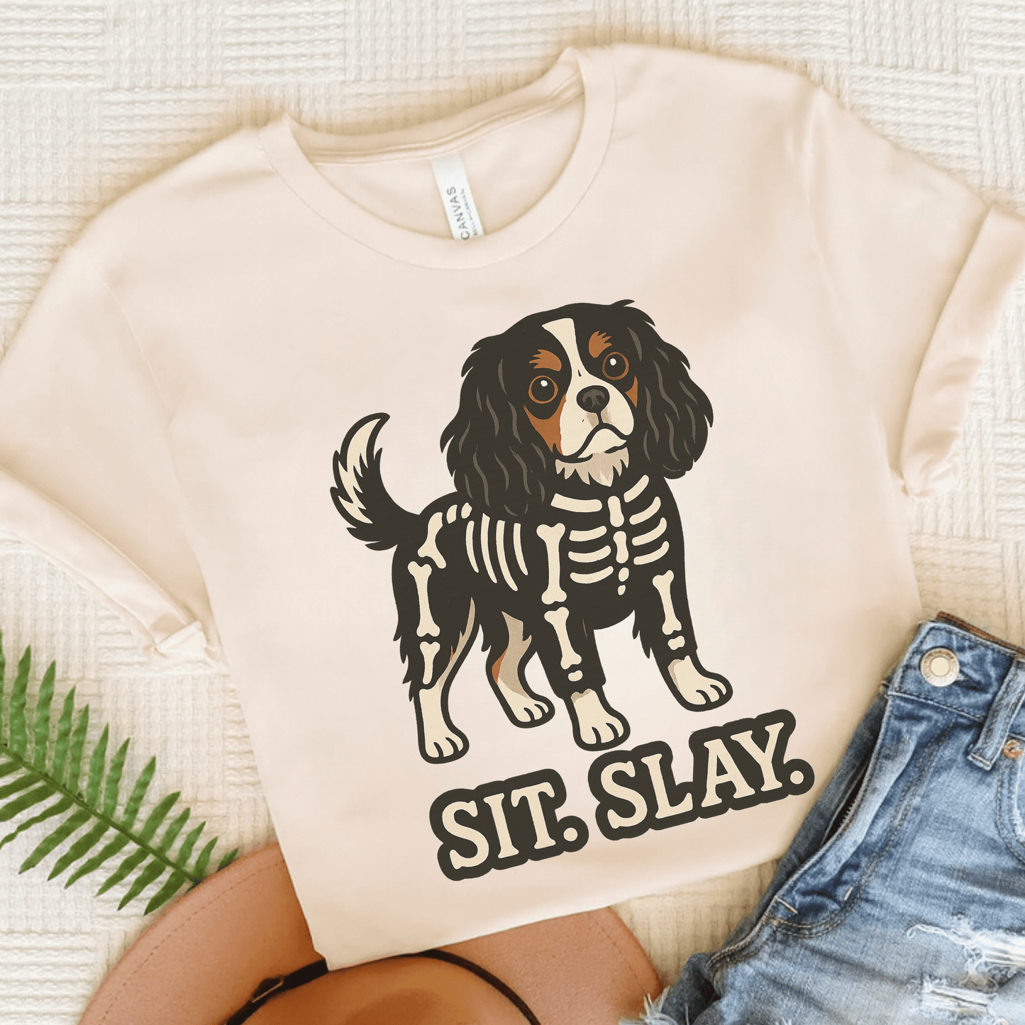 Printify T-Shirt Natural / S Tricolor Cavalier King Charles Stay. Slay. Halloween TShirt