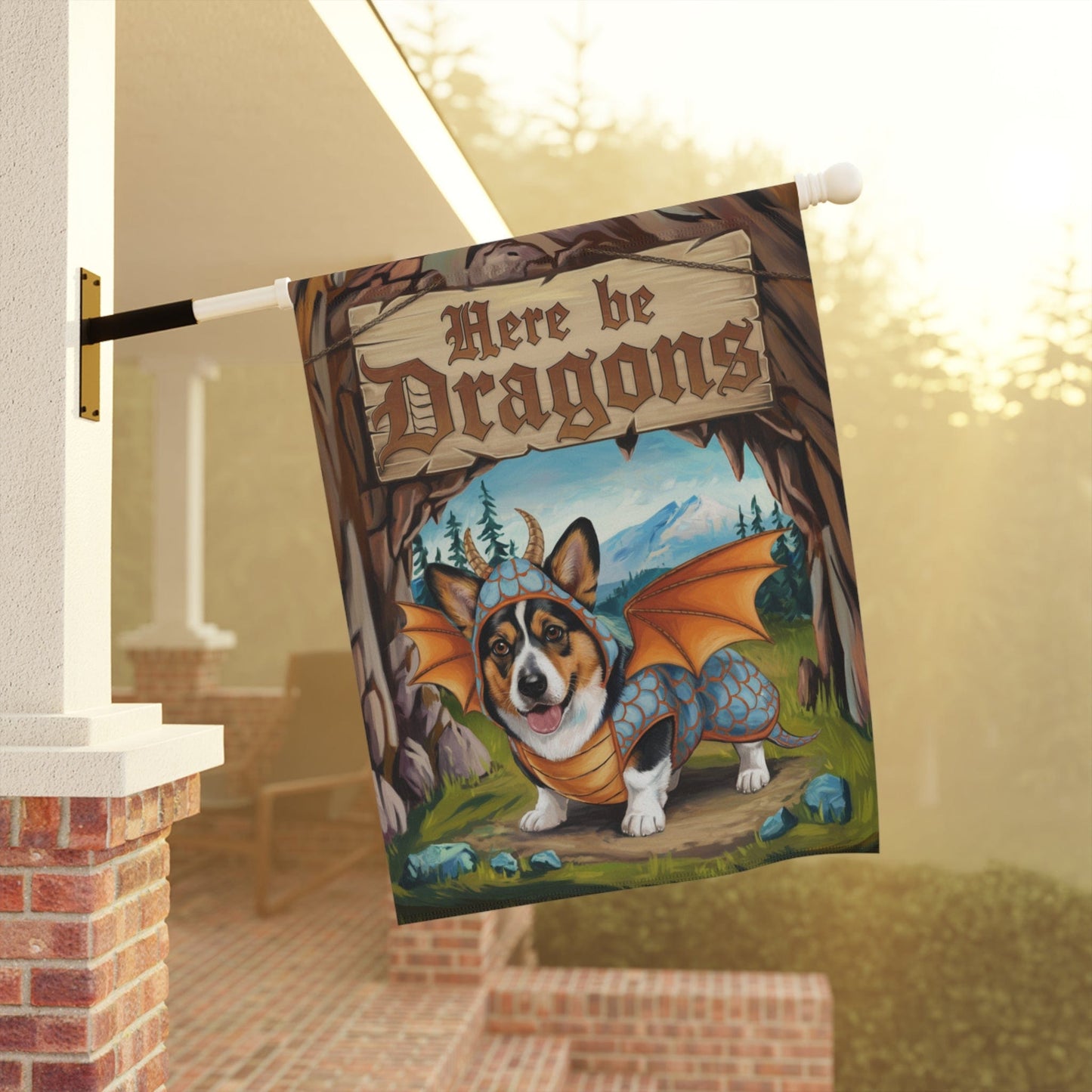 Tricolor Corgi Dog Dragon, Garden Flag, Fantasy Pet Adventure, Halloween Housewarming