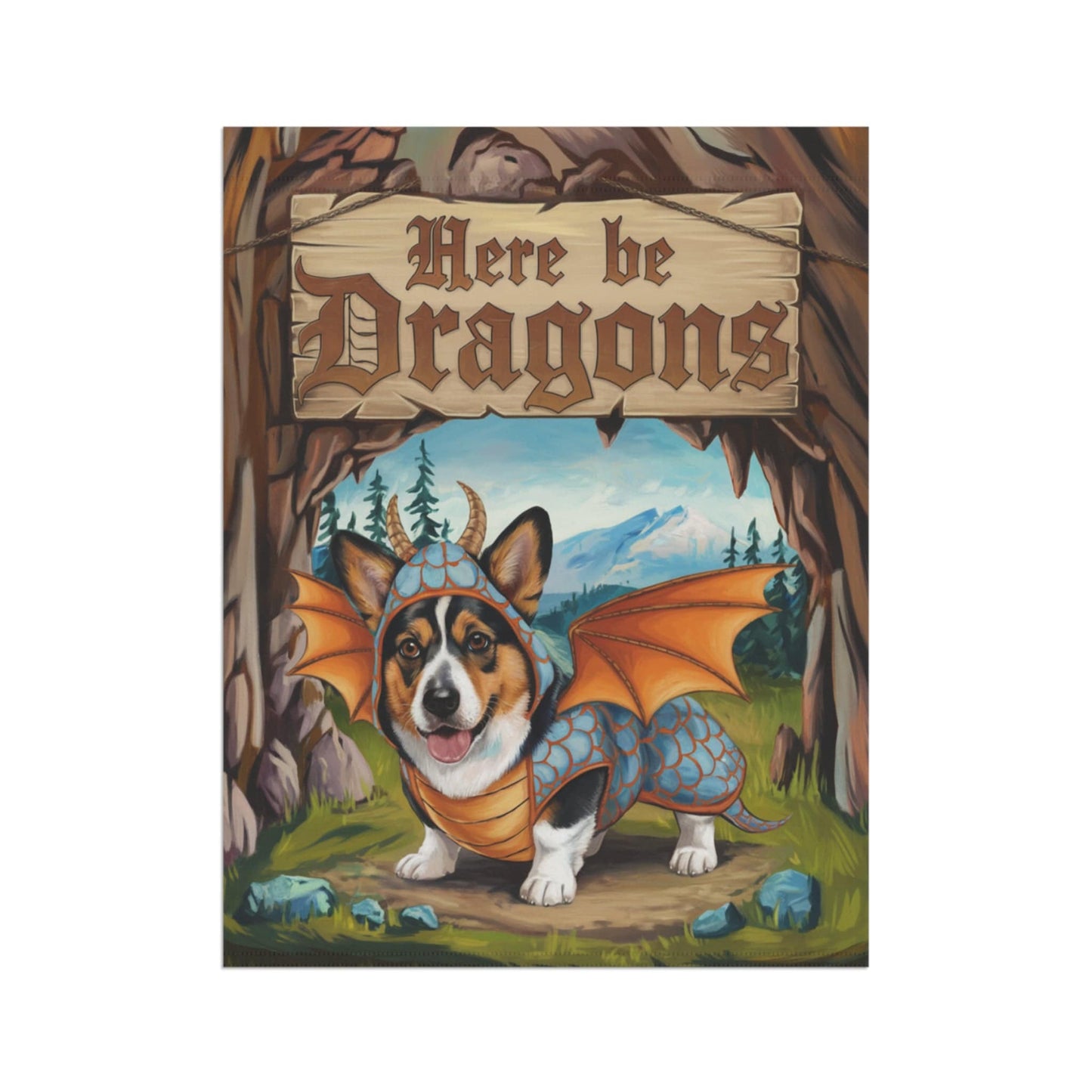 Printify Home Decor Tricolor Corgi Dog Dragon, Garden Flag, Fantasy Pet Adventure, Halloween Housewarming