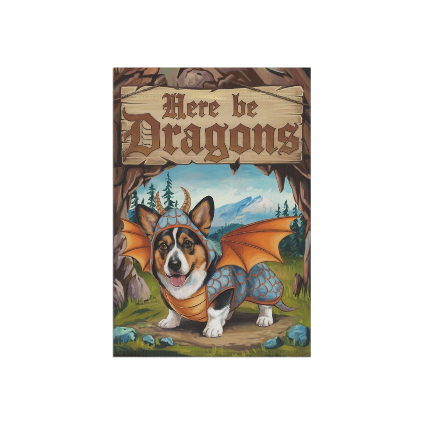 Printify Home Decor Tricolor Corgi Dog Dragon, Garden Flag, Fantasy Pet Adventure, Halloween Housewarming