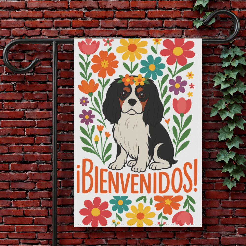 Printify Garden Flag 12'' × 18'' Tricolor King Charles Bienvenidos Garden Flag
