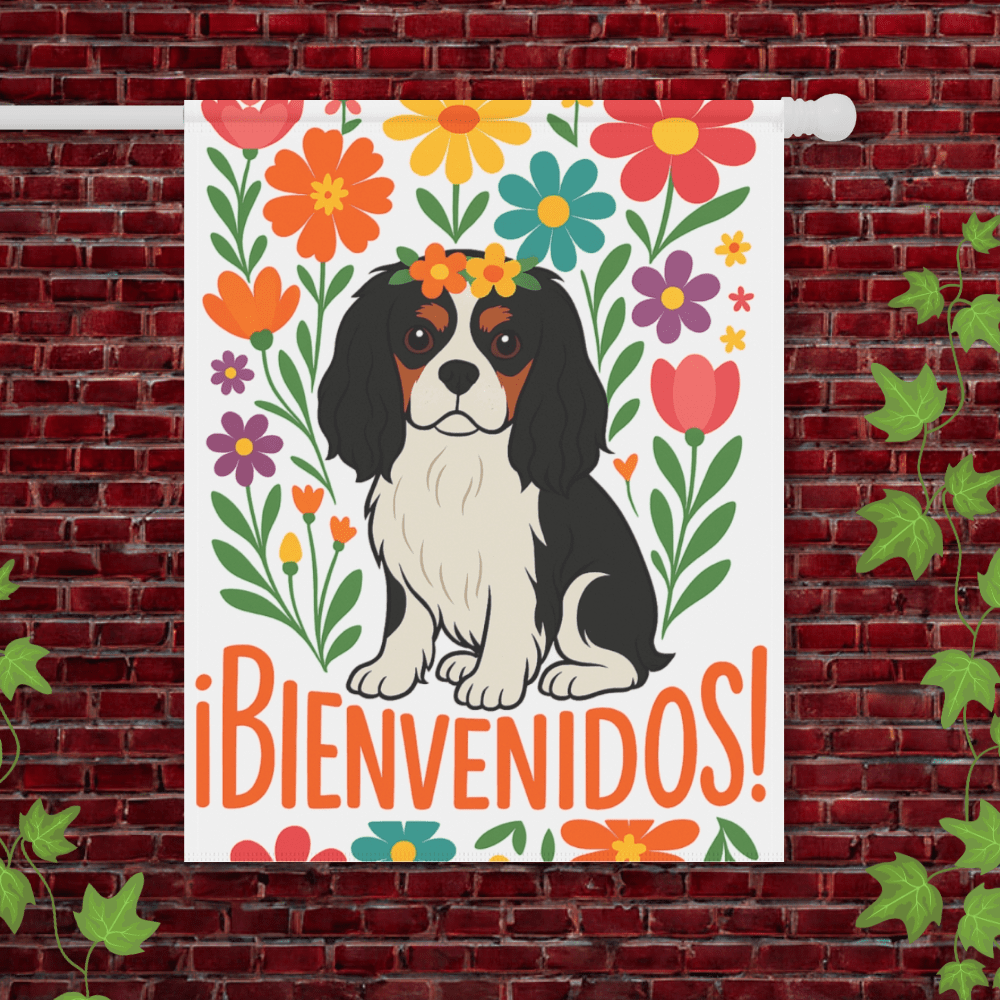 Printify Garden Flag 24.5'' × 32'' Tricolor King Charles Bienvenidos Garden Flag