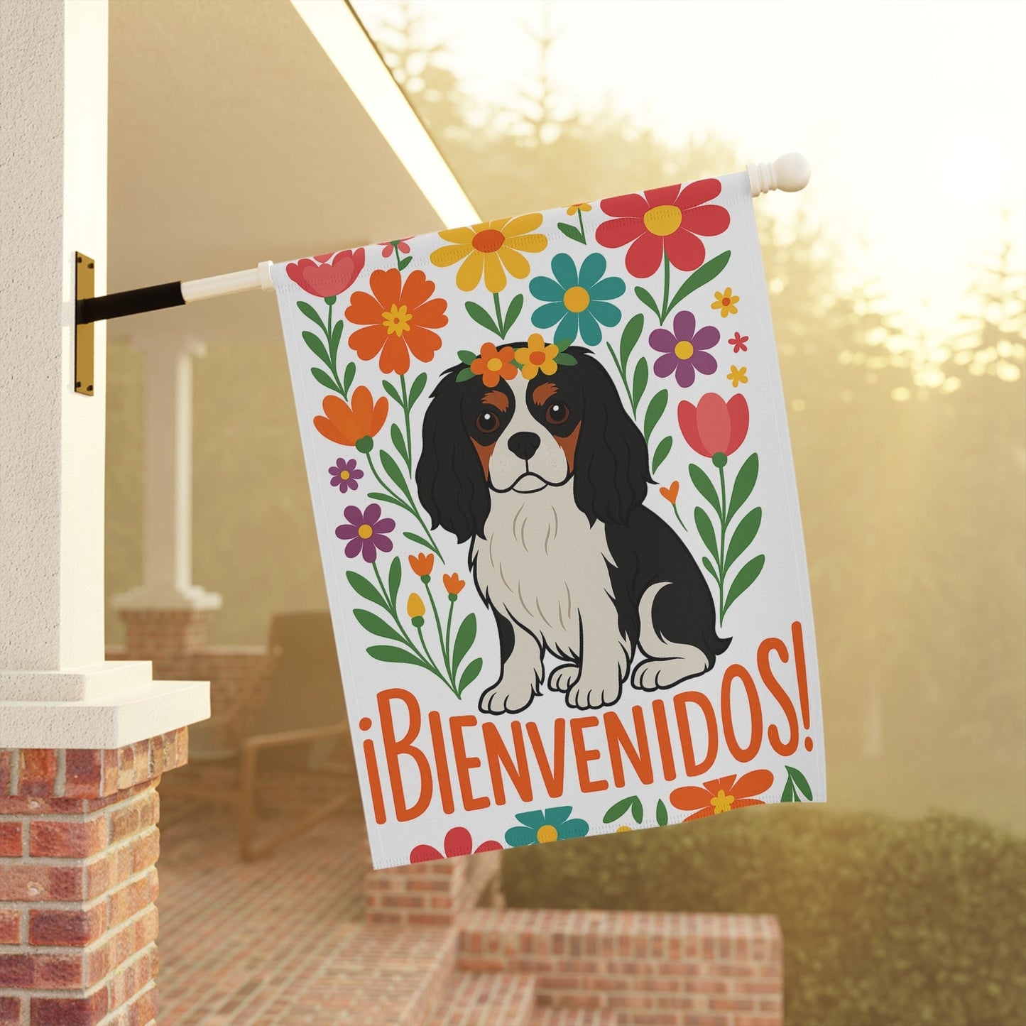 Tricolor King Charles Bienvenidos Garden Flag