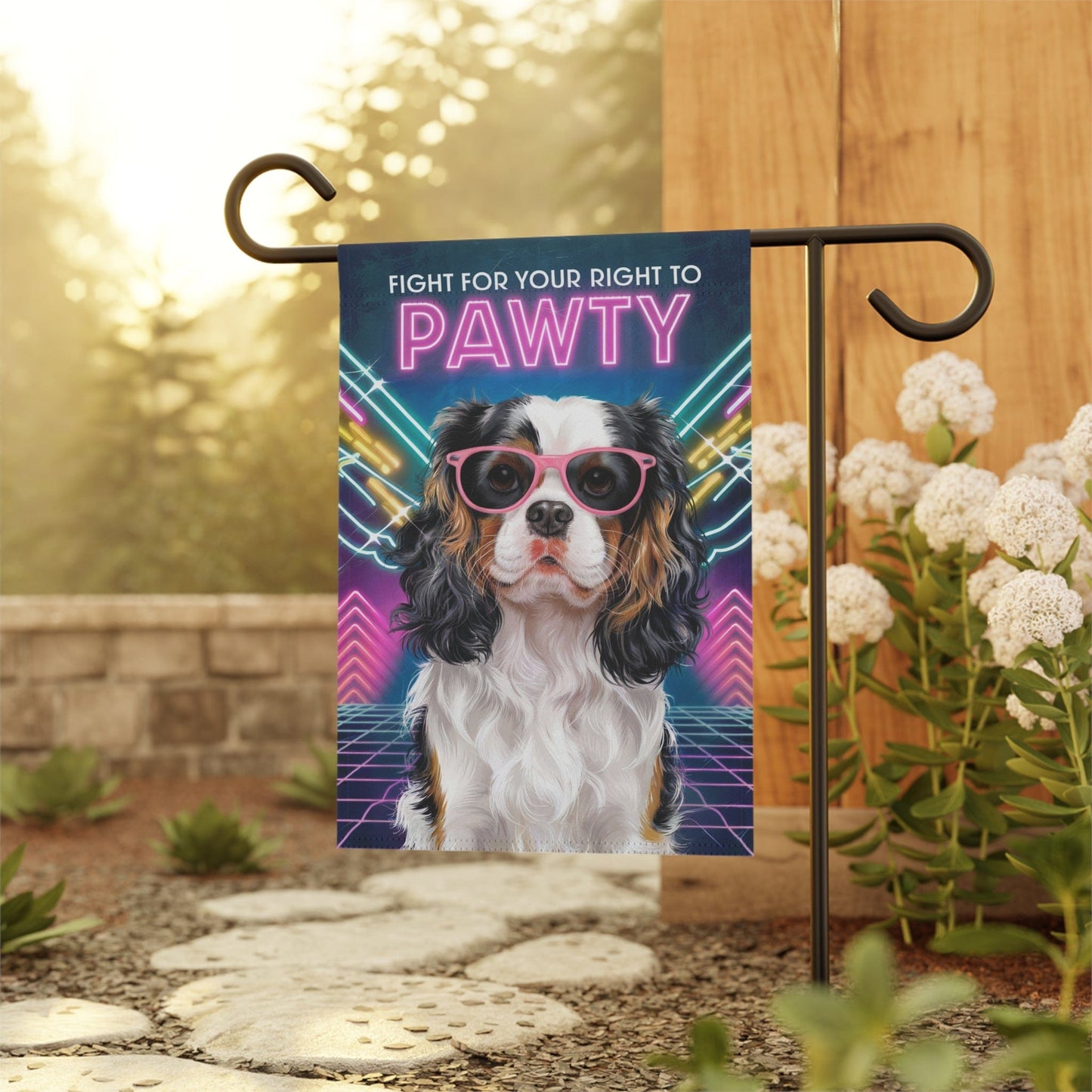 Printify Garden Flag Tricolor King Charles Cavalier 80s Decoration Garden Flag