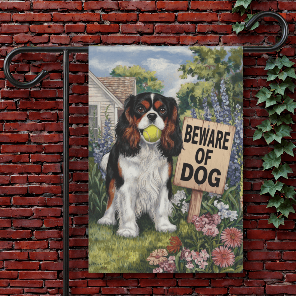 Printify Garden Flag Tricolor King Charles Cavalier Beware Garden Flag