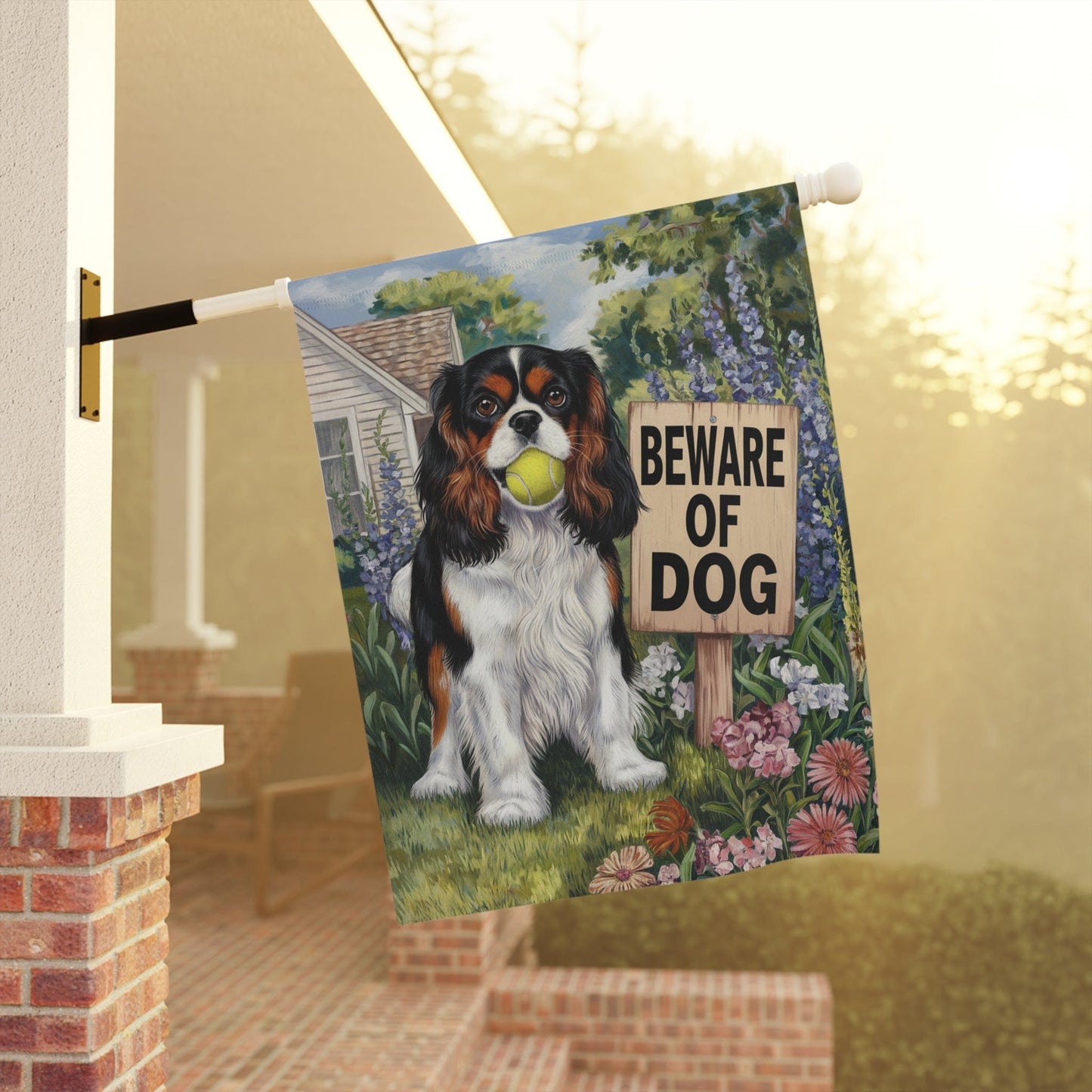 Printify Garden Flag Tricolor King Charles Cavalier Beware Garden Flag