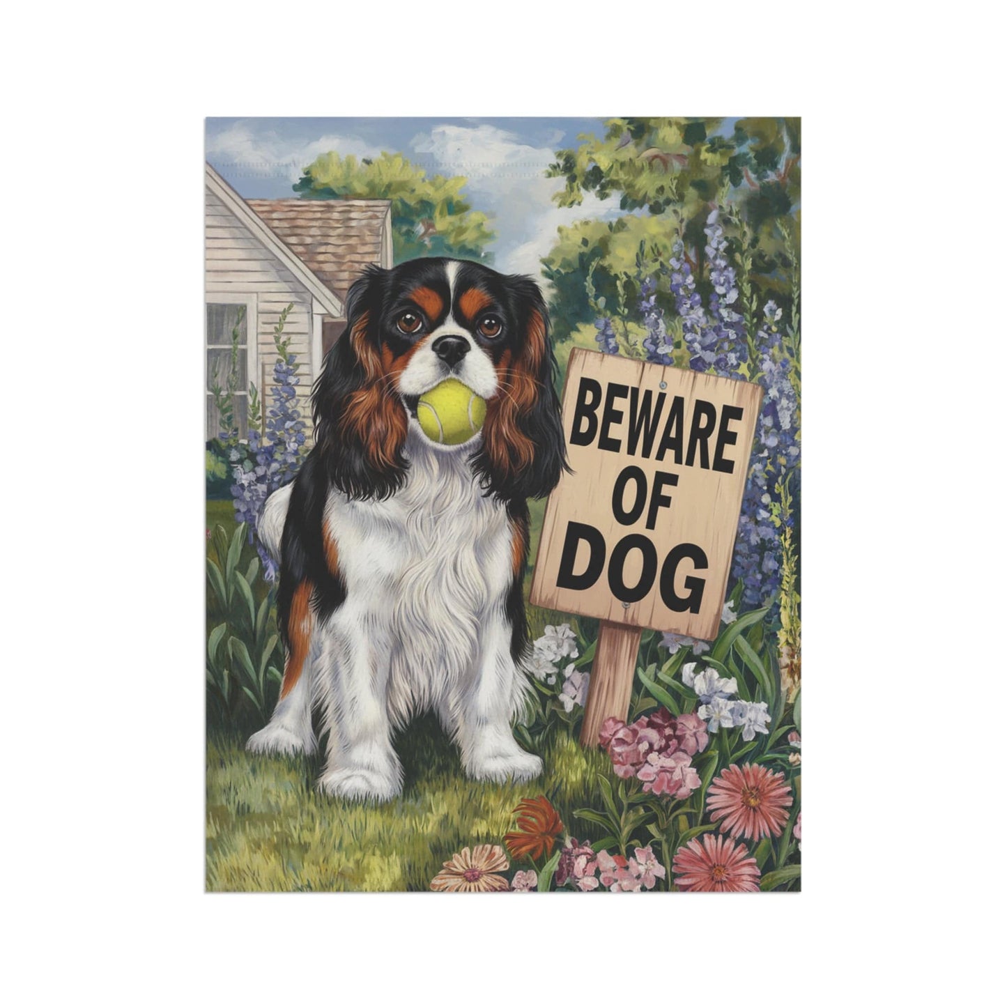 Printify Garden Flag Tricolor King Charles Cavalier Beware Garden Flag