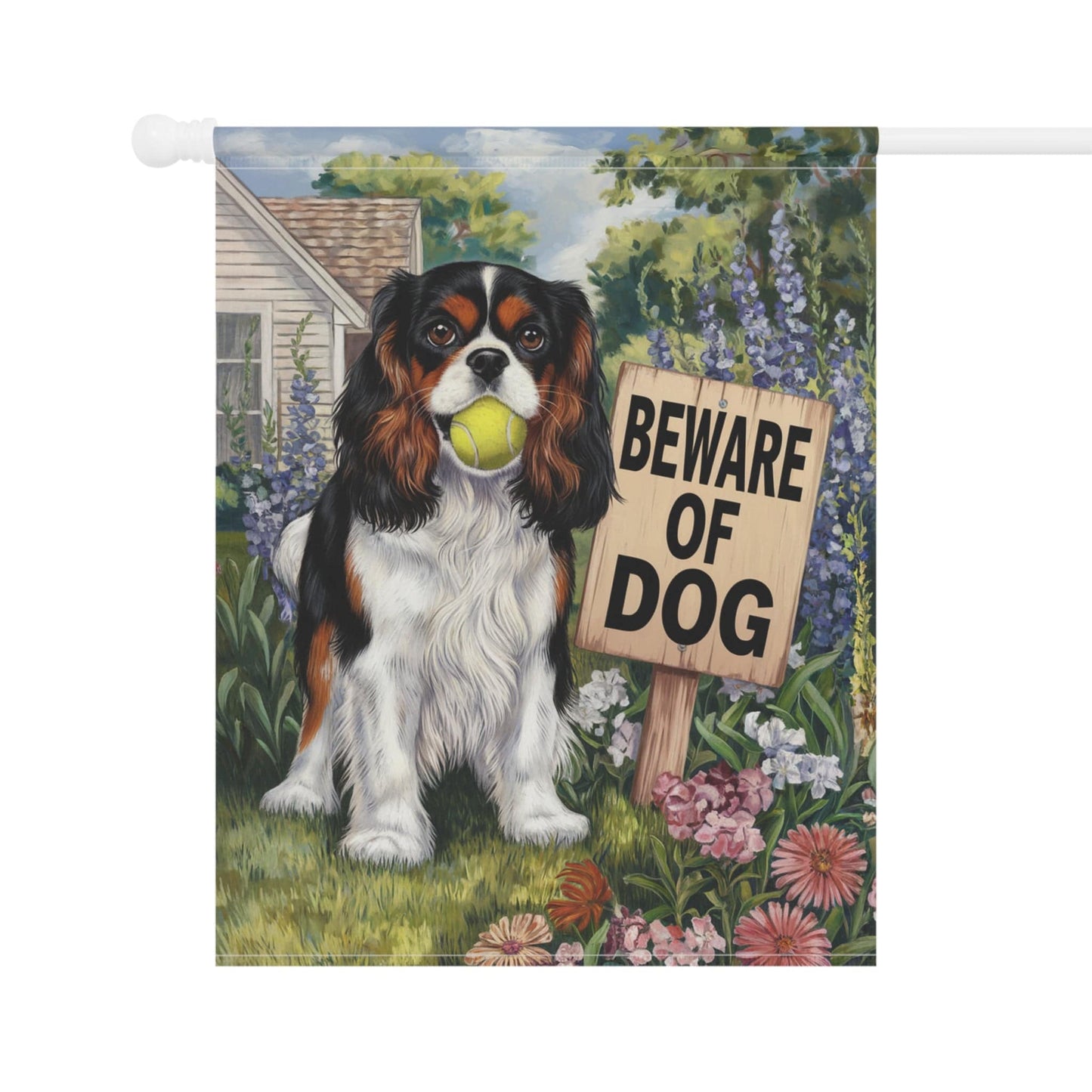 Printify Garden Flag Tricolor King Charles Cavalier Beware Garden Flag