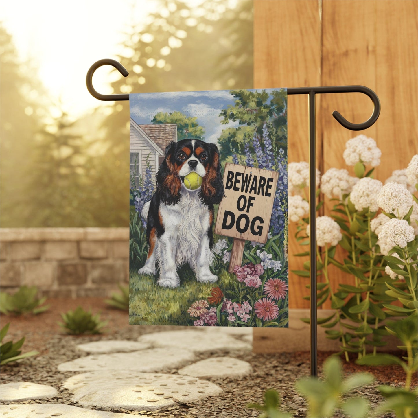 Printify Garden Flag Tricolor King Charles Cavalier Beware Garden Flag