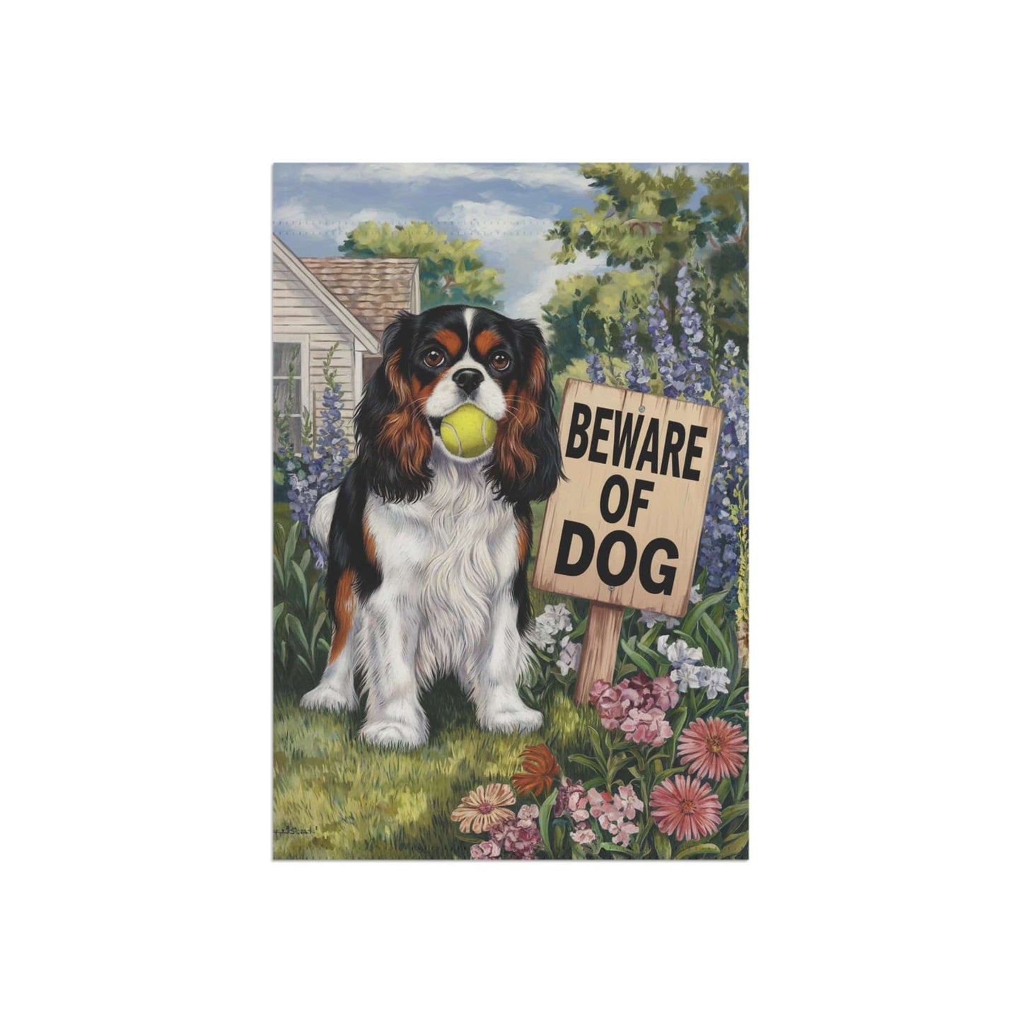 Printify Garden Flag Tricolor King Charles Cavalier Beware Garden Flag
