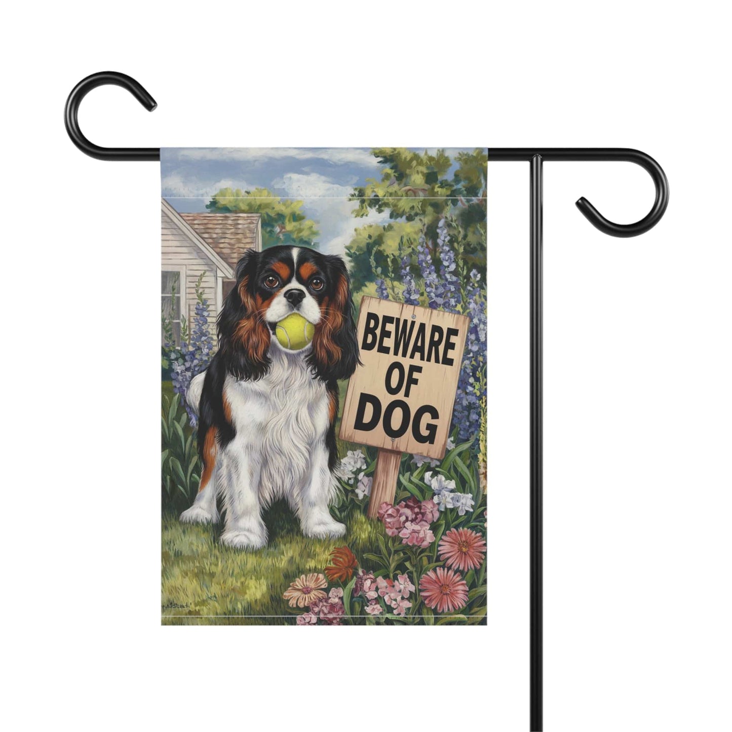 Printify Garden Flag Tricolor King Charles Cavalier Beware Garden Flag