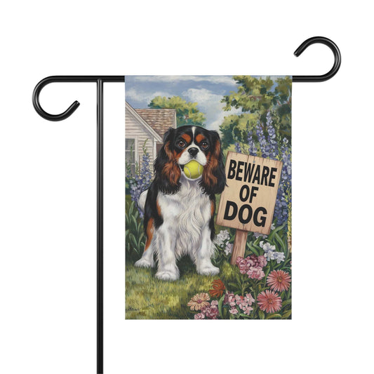 Tricolor Cavalier King Charles Beware Garden Flag