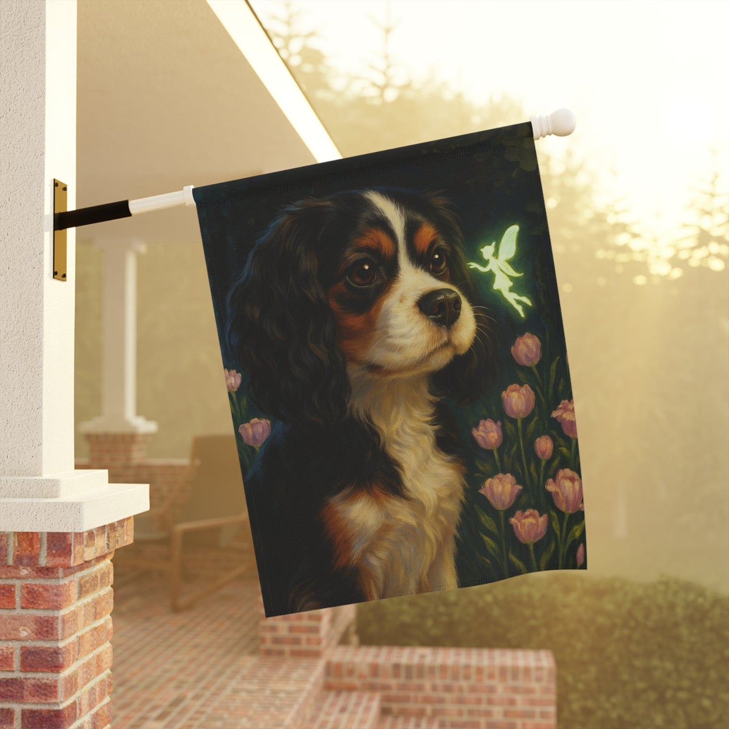 Printify Garden Flag Tricolor King Charles Cavalier Fairy Garden Flag
