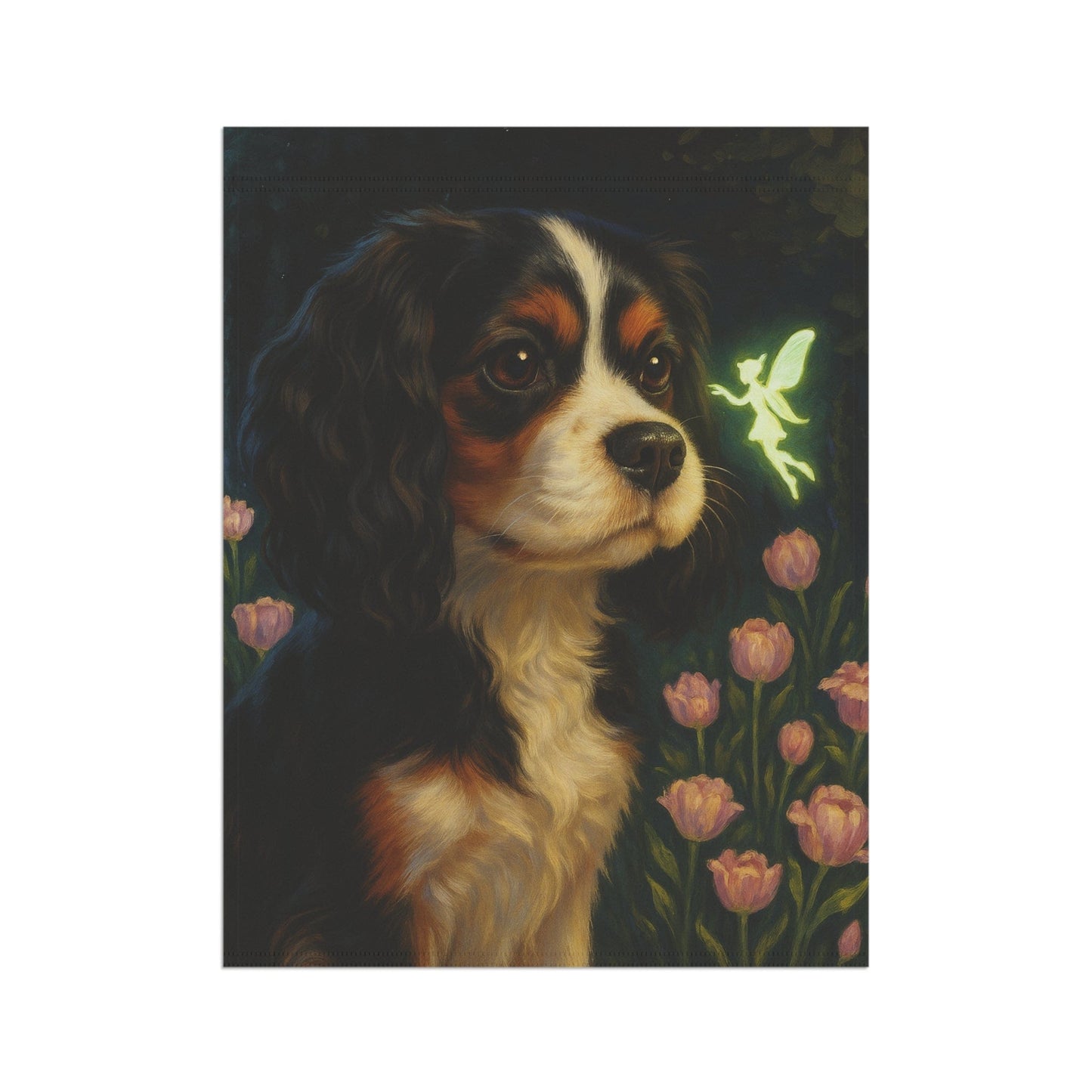 Printify Garden Flag Tricolor King Charles Cavalier Fairy Garden Flag