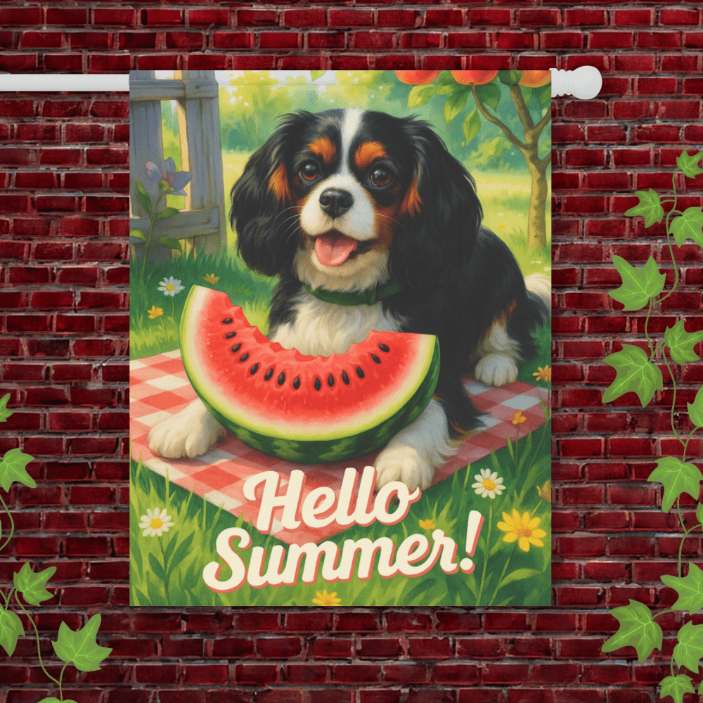 Printify Garden Flag 24.5'' × 32'' Tricolor King Charles Cavalier Watermelon Garden Flag
