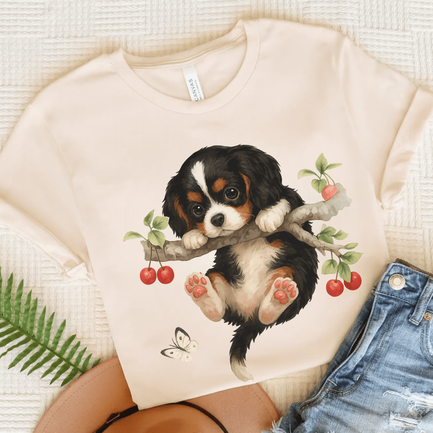 Printify T-Shirt Natural / S Tricolor King Charles Hang In There Tshirt